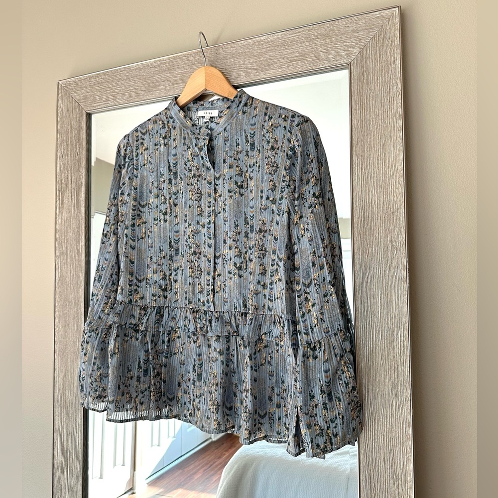 Reiss Blue Patterned Bell Sleeve Shimmer Blouse Size Medium